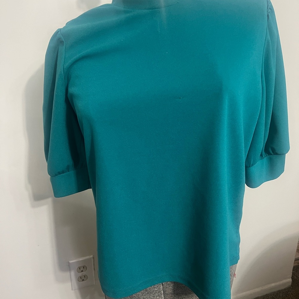 Sheen Puff Sleeve Pointe Top Blouse Keyhole Teal Large 8-10